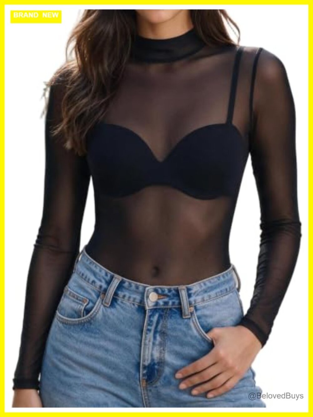ADOME Mesh Long Sleeve Top Sheer Mock Neck Slim Fit Clubwear